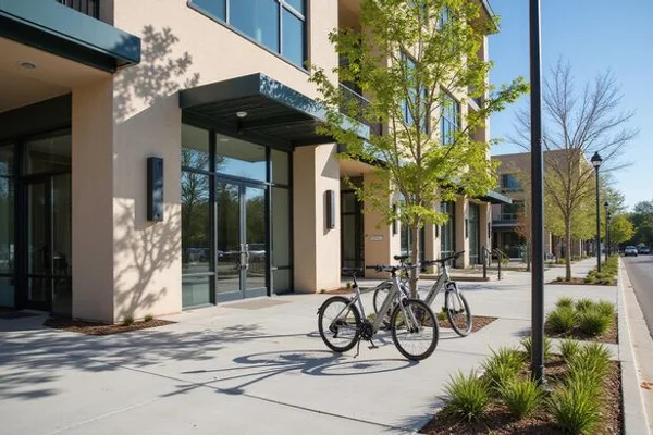 Bike racks and a wide sidewalk outside a new apartment lobby