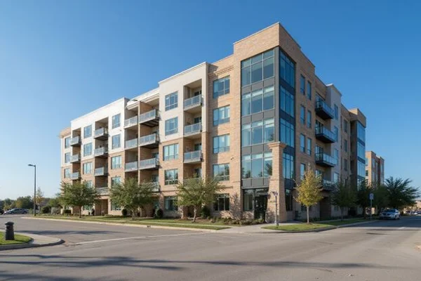 Finished apartment building next to one still framing