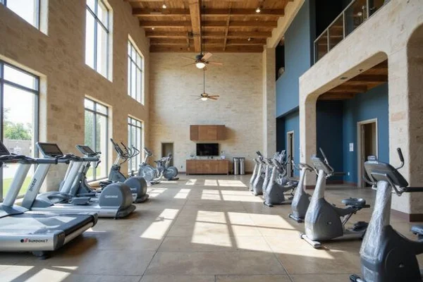 Fitness center with new equipment still wrapped in a just-opened clubhouse