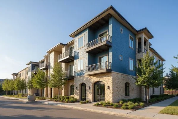 Lease-up apartment building with slate blue panels and a limestone base