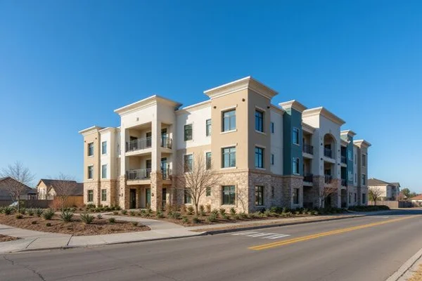 Frontage road on the west side with a new apartment building