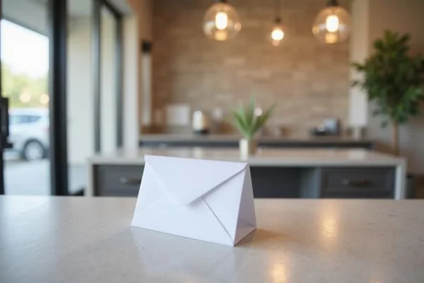 Gift card envelope set apart from a lease packet on a leasing counter