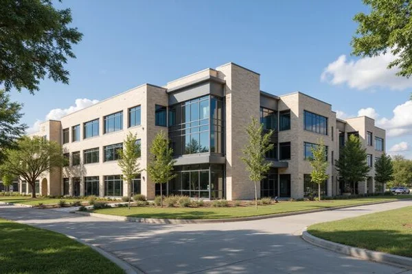 Corporate office campus with landscaped grounds seen from a distance
