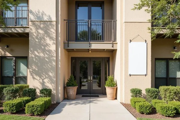 Lease-up apartment entrance with fresh landscaping