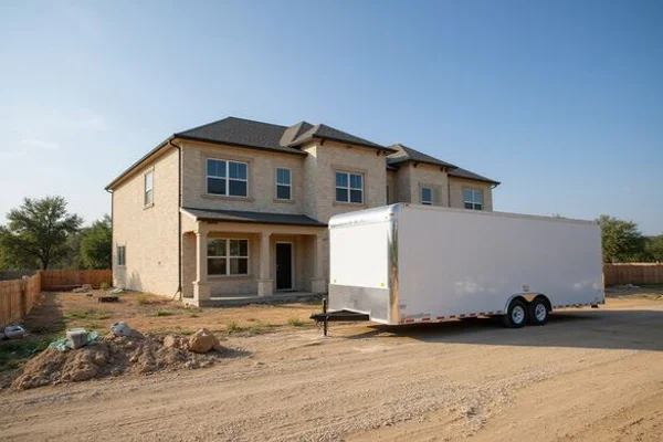 Leasing trailer beside a finished model building on a construction site