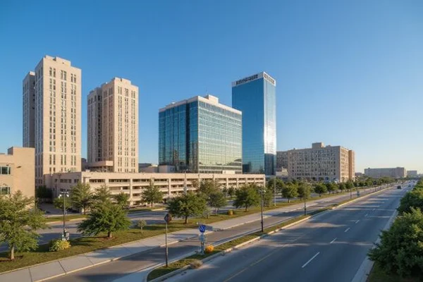 Medical center district skyline with hospital towers