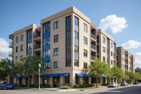 Mid-rise ground-up apartment building near downtown with structured parking