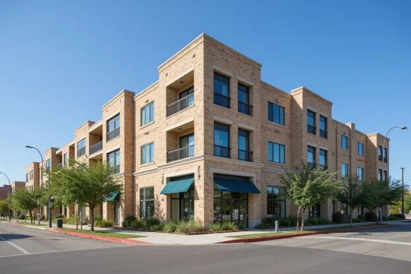 Mixed-income apartment building exterior on a city street