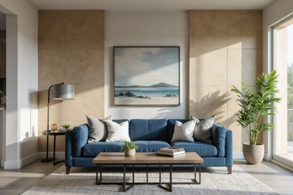 Model unit living room with a slate blue sofa and limestone accent wall