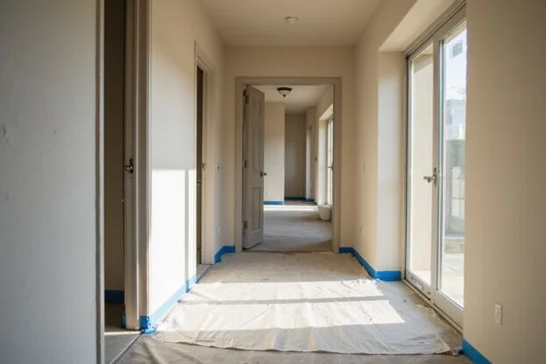 Apartment corridor with protective floor covering and painter's tape