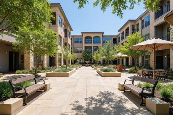 New apartment courtyard with benches and native plants