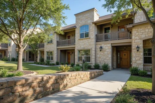 Garden-style apartment community entry with young oak trees