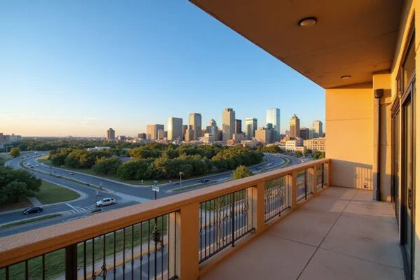 San Antonio skyline at golden hour from a new apartment balcony