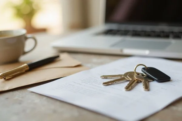 New apartment keys on a leasing desk next to an envelope