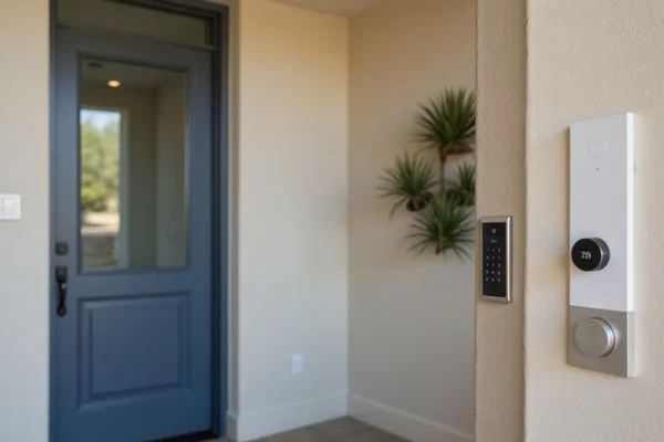 Smart thermostat and keyless lock panel inside a new rental home