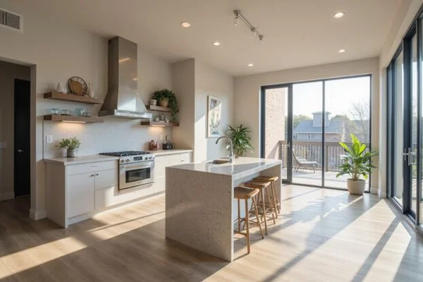 Sunlit new one-bedroom apartment interior with a quartz kitchen island