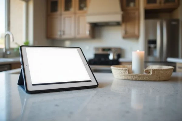 Tablet on a new apartment kitchen counter for maintenance requests