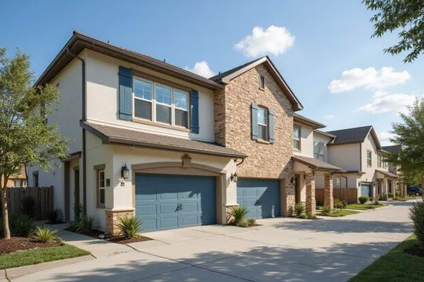Two-story new townhomes with attached garages and slate blue doors