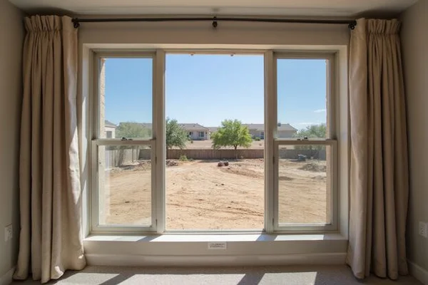 Window view from a new apartment toward an empty lot under development