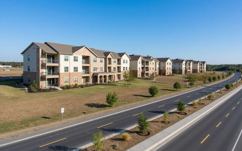 Aerial view of new apartment communities on either side of a highway