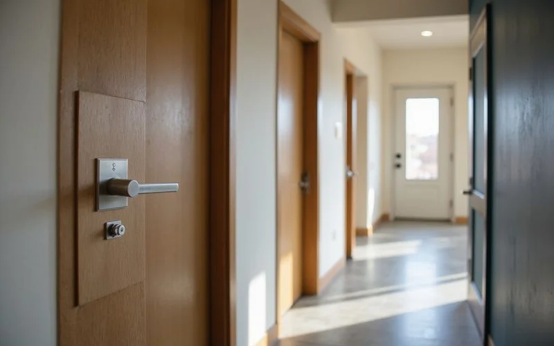 Unit number plate on a new apartment door in a bright corridor