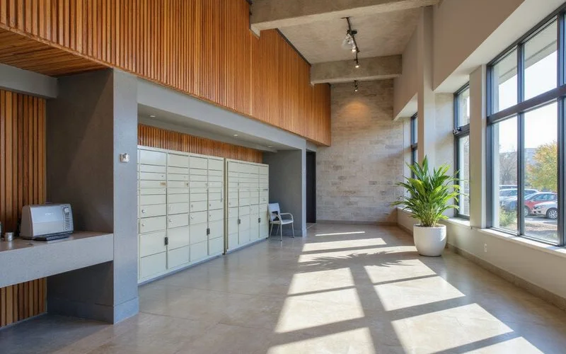 Bright new apartment lobby mailroom with a wood slat wall