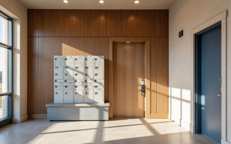 Bright new apartment lobby mailroom with a wood slat wall