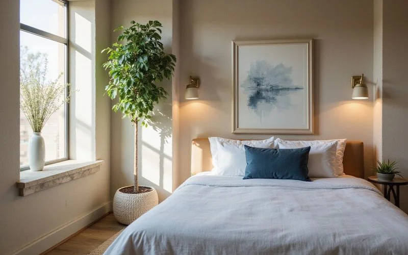 Bright new one-bedroom apartment bedroom with linen bedding