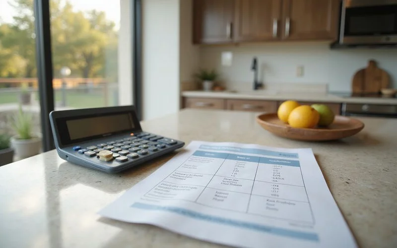 Calculator and a rent comparison sheet on a sunlit kitchen counter