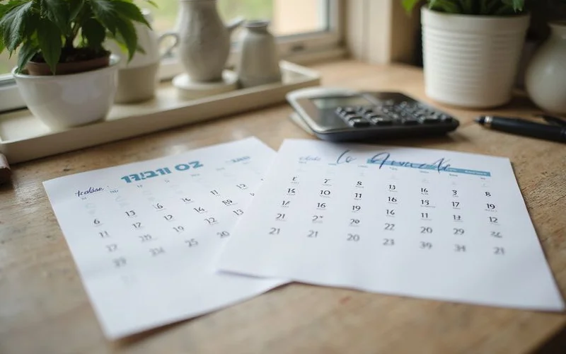 Calendar pages spread on a kitchen table beside a calculator