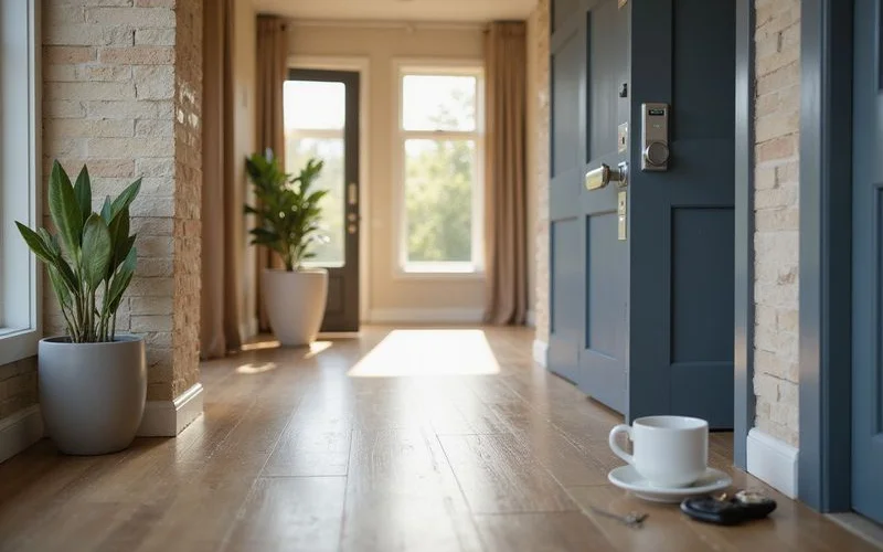 Car keys and a coffee mug by the door of a bright apartment entry