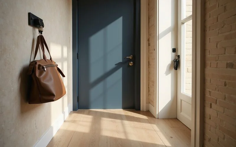 Car keys and a commuter bag by the door of a new apartment