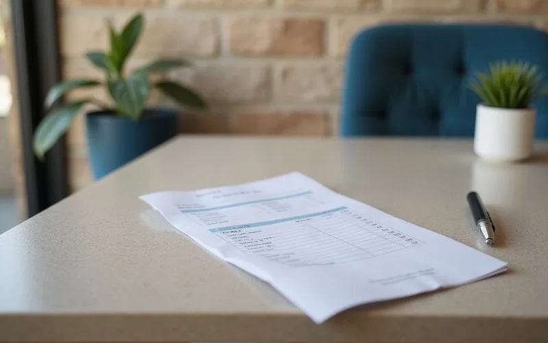 Leasing office desk with a printed fee sheet and a slate blue chair