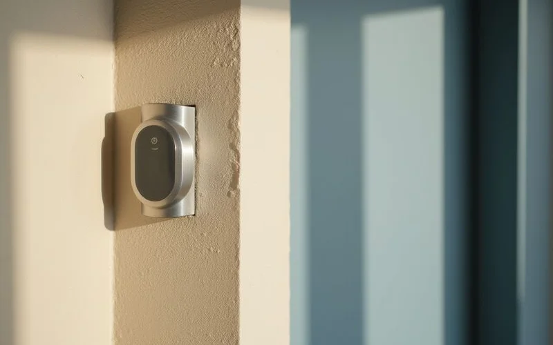 Close detail of a new apartment thermostat on a fresh drywall corner