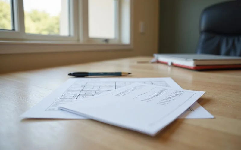 Printed listing card with rent columns on a desk beside a floor plan