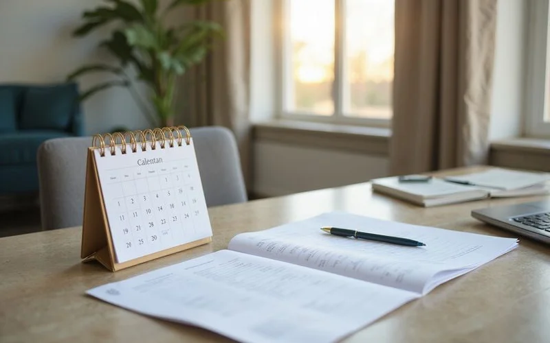 Desk calendar beside a lease folder in a bright home office