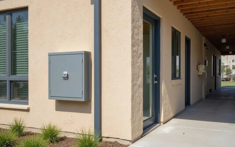 Electric meter bank on a clean exterior wall of a new apartment building
