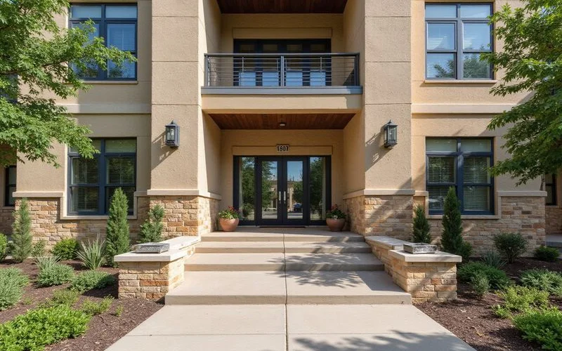 Elevated ground-floor entry of a new apartment building with limestone steps