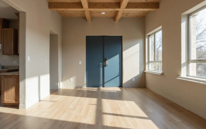 Empty new studio apartment with afternoon light across wide plank floors
