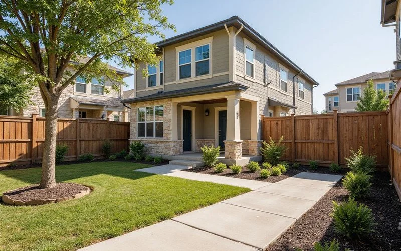 Fenced private yard of a new build-to-rent townhome with limestone accents