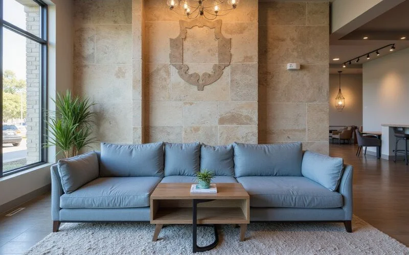Finished amenity clubroom with a slate blue sofa and limestone feature wall