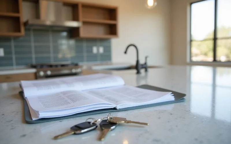 Folder of documents and new keys on a kitchen counter