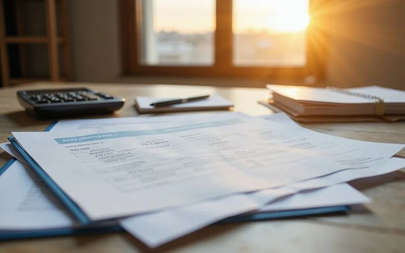 Folder of income documents and a calculator on a leasing office desk