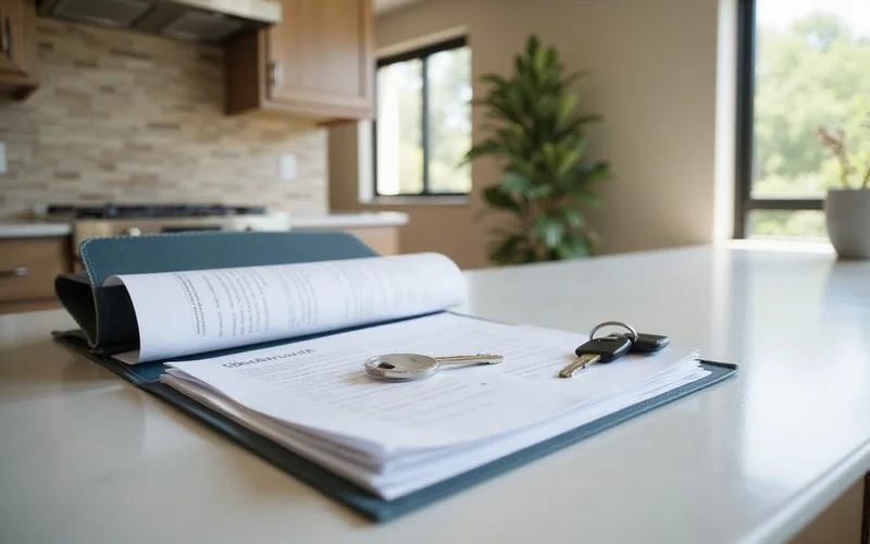 Folder of moving documents and new keys on a kitchen counter