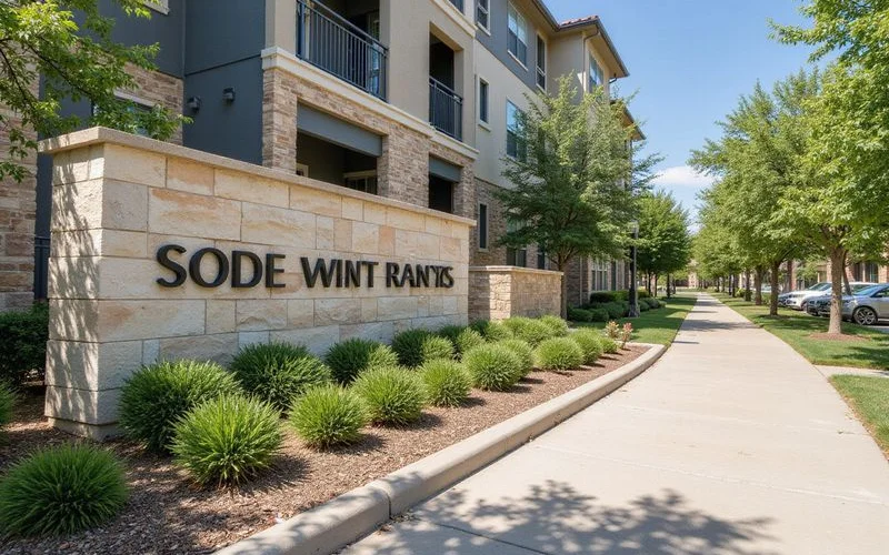 Freshly landscaped entry of a new apartment community with a limestone wall