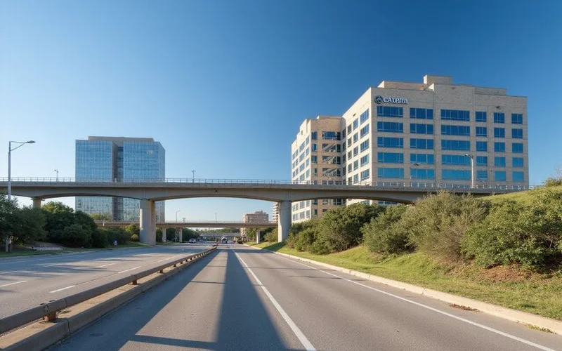 Frontage road and highway overpass with new office buildings