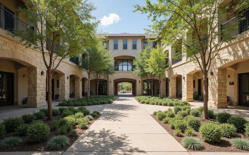 Settled apartment courtyard with grown landscaping and shade trees