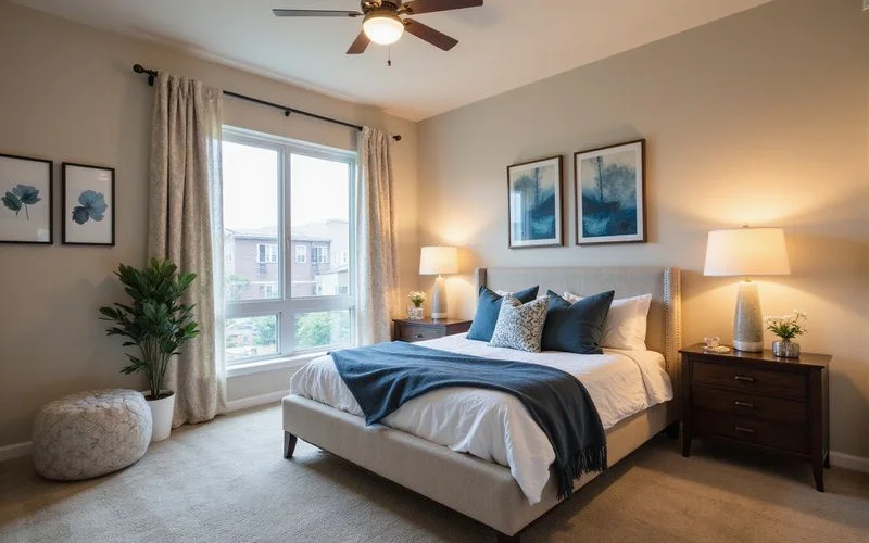 Furnished model unit bedroom with staged decor and warm lamps