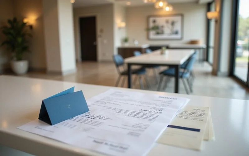 Gift card envelope set apart from a lease packet on a leasing counter