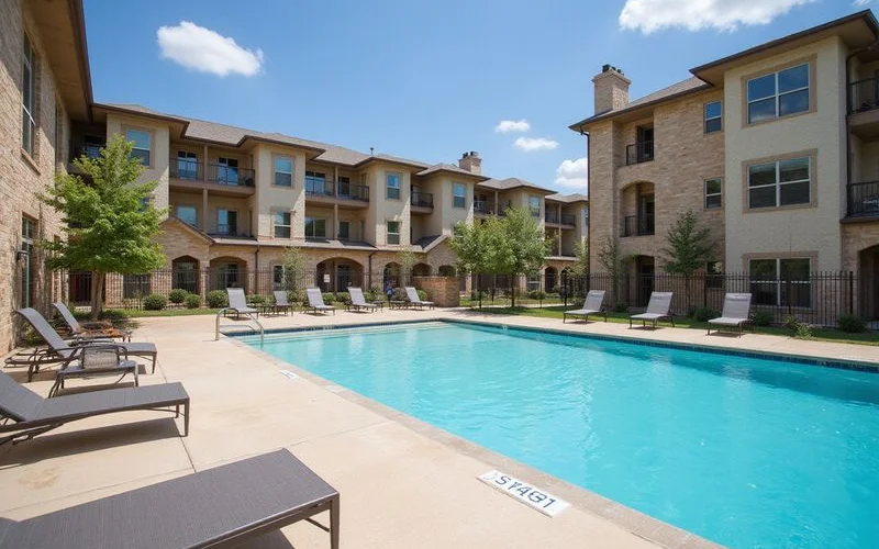 Half-finished amenity deck beside a completed pool at a new complex